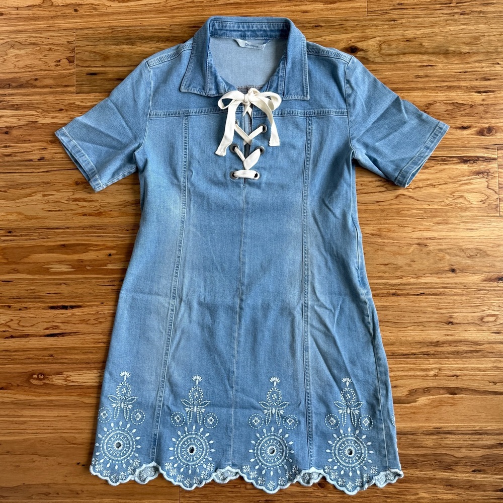 Desigual Blue Denim Dress with White Embroidery